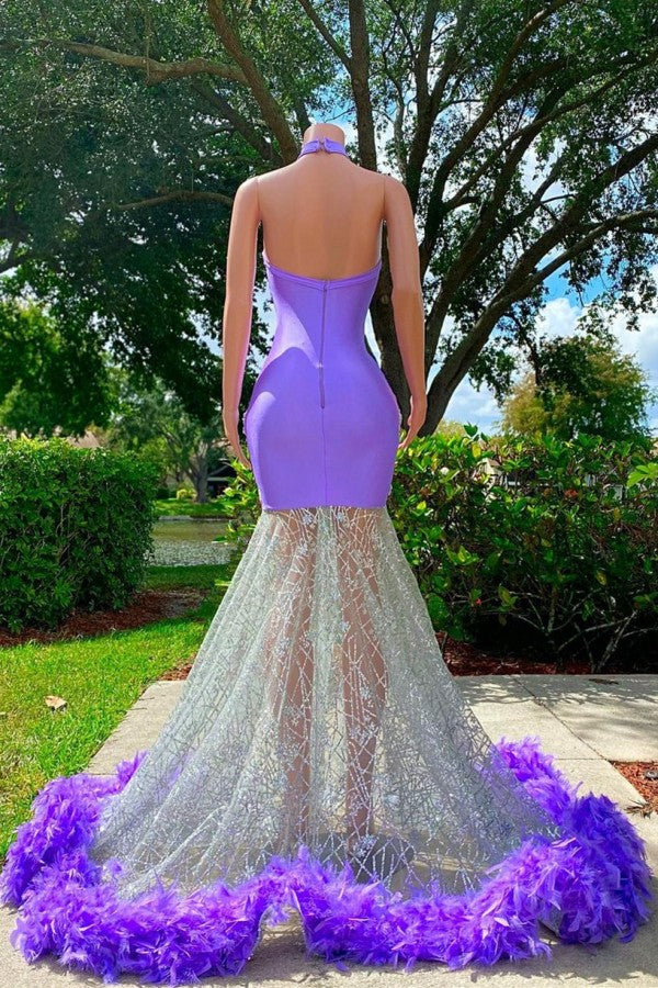 Lavender High Neck Prom Dress Mermaid Appliques With Feather