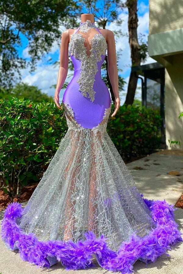 Lavender High Neck Prom Dress Mermaid Appliques With Feather