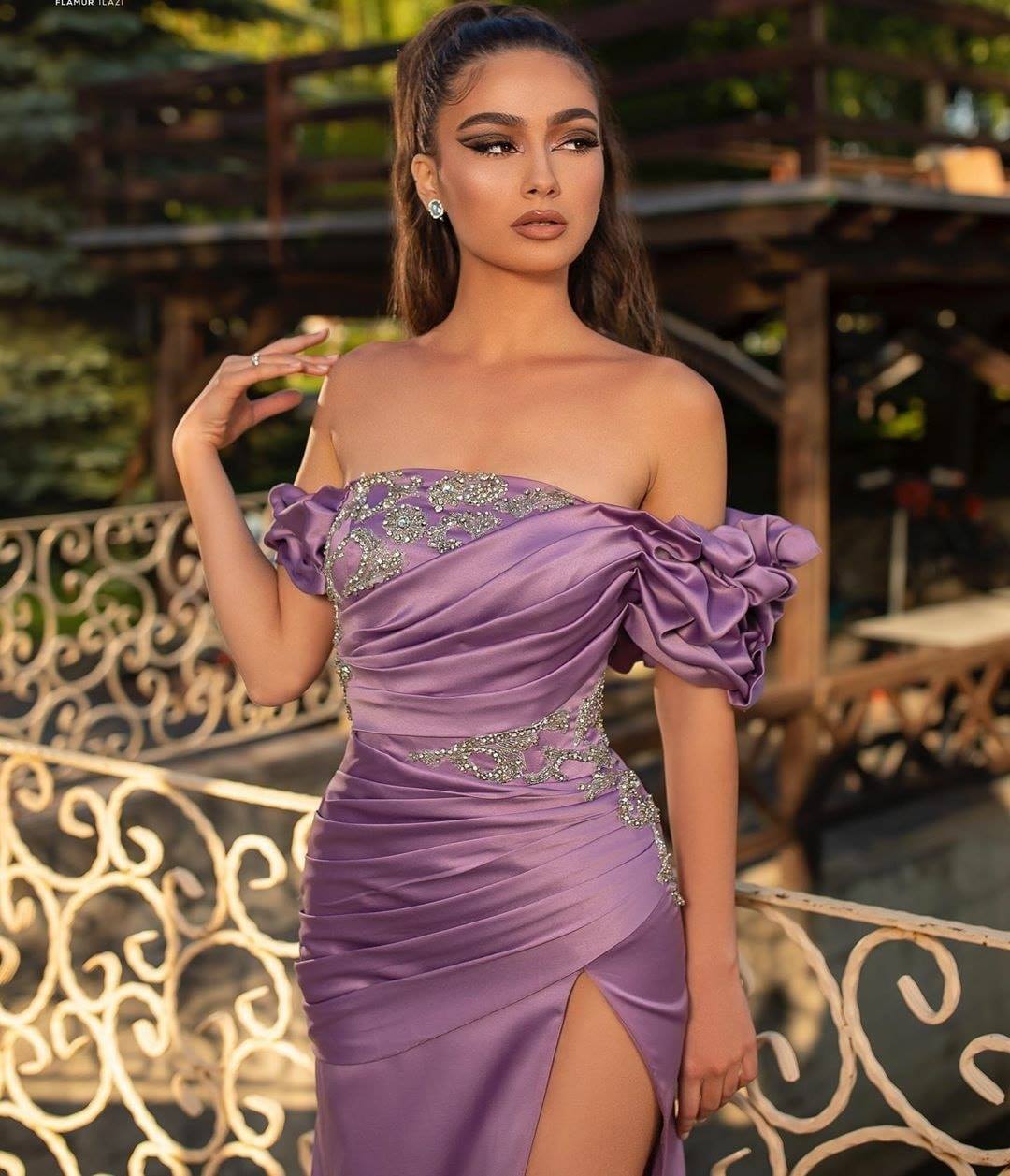 Lavender Off-the-Shoulder Prom Dress Slit Long