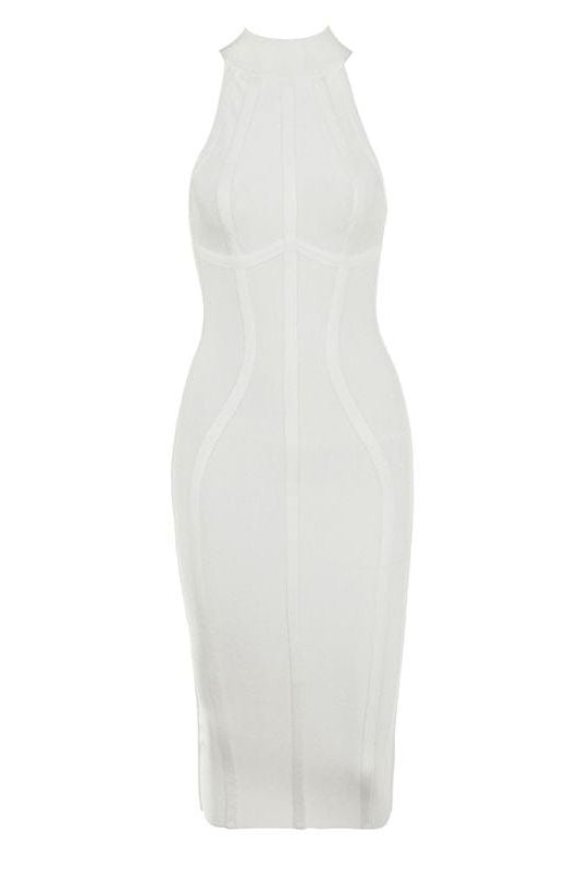 Woman wearing a figure flattering  Lea Bandage Midi Dress - Pearl White Bodycon Collection