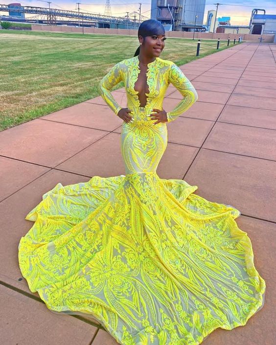 Lemon Long Sleeves Prom Dress Mermaid Sequins