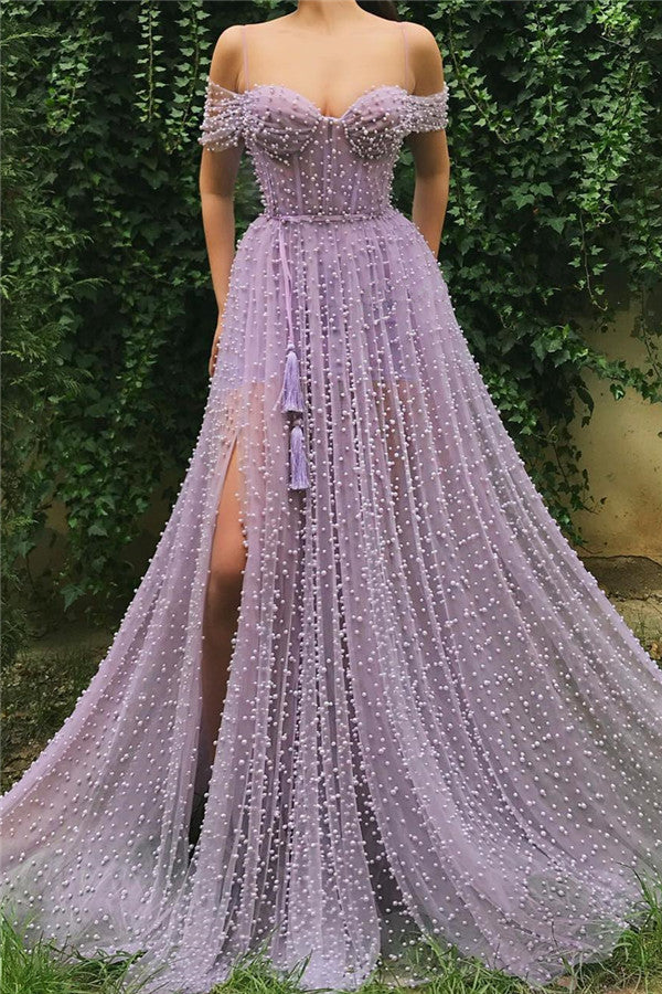 Lilac Off-the-Shoulder Long Prom Dress With Split