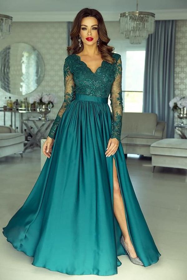 Long Sleeves Appliques Prom Dress Long With Split On Sale