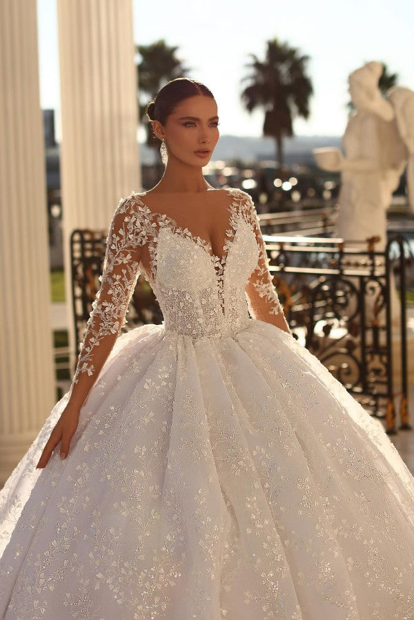 Long Sleeves Ball Gown Bridal Dress Lace Appliques