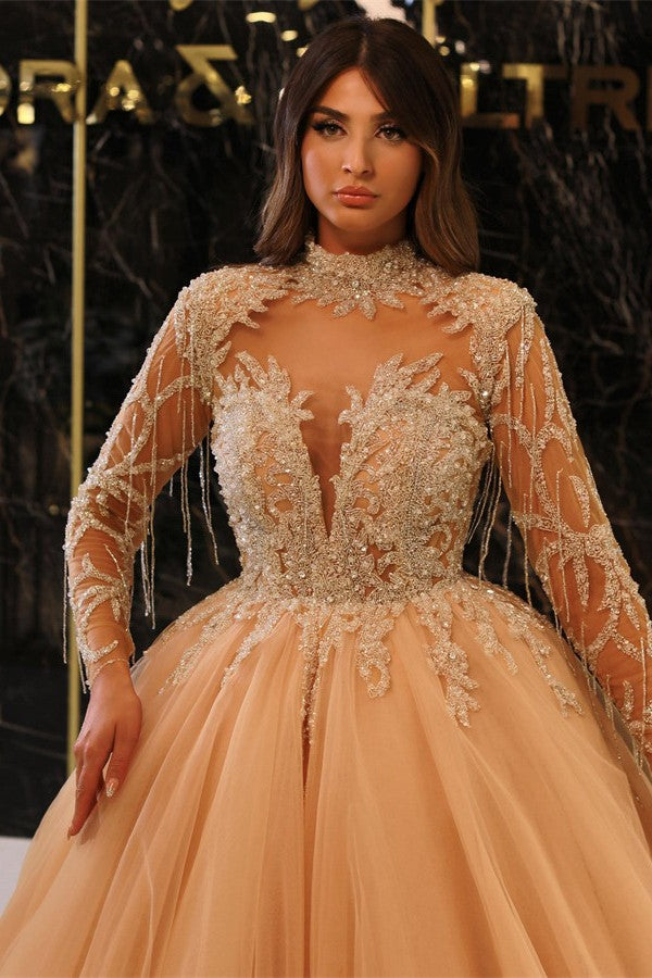 Long Sleeves Ball Gown Prom Dress Tulle With Appliques