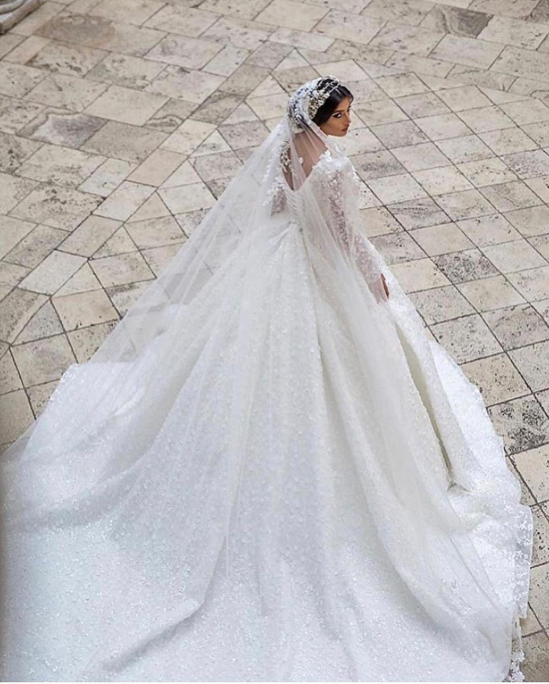 Long Sleeves Ball Gown Wedding Dress Appliques V-Neck Bridal Gown