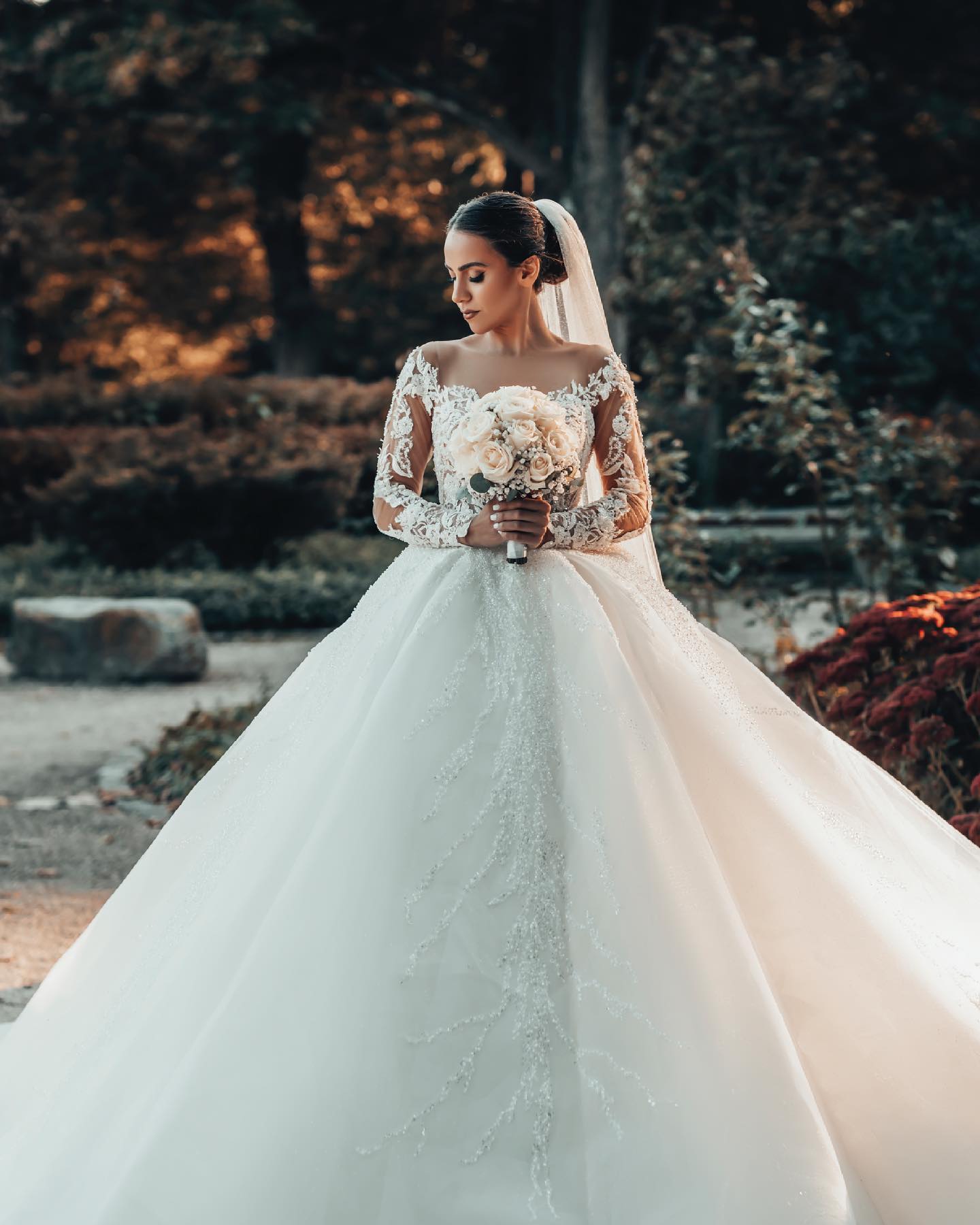 Long Sleeves Ball Gown Wedding Dress V-Neck Tulle With Lace Beads