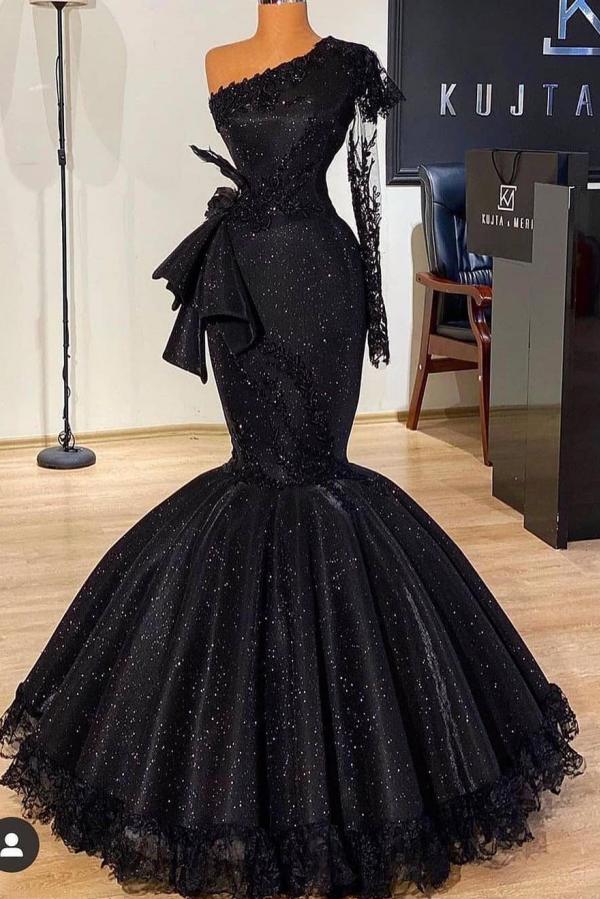 Long Sleeves Black Mermaid Prom Dress Sequins