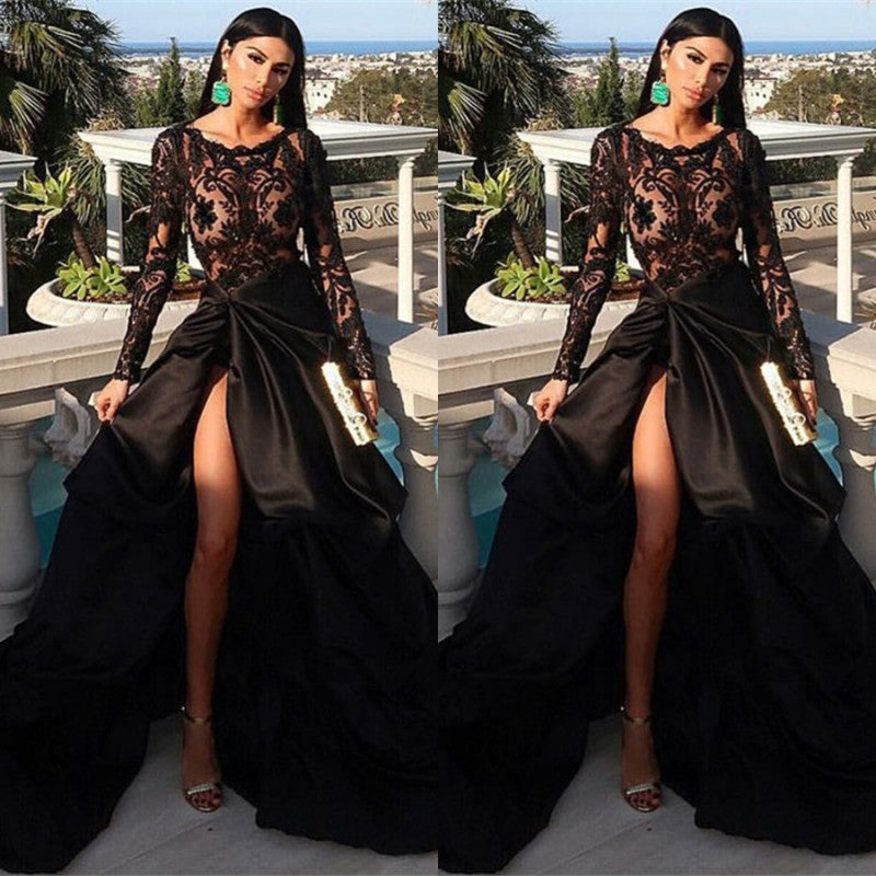 Long Sleeves Black Prom Dress Lace Long With Slit