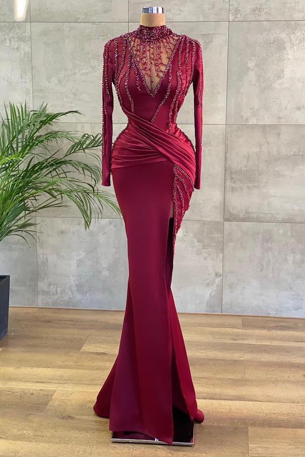 Long Sleeves Burgundy Mermaid Prom Dress With Beadings