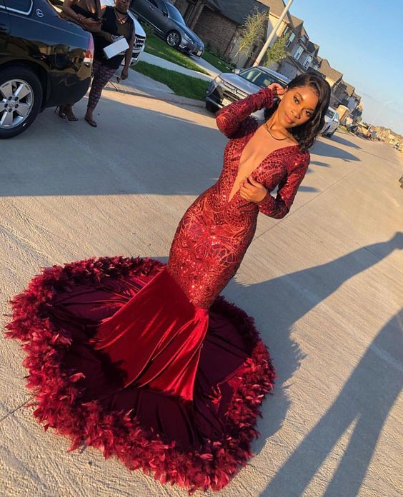 Long Sleeves Burgundy Prom Dress Sequins Mermaid