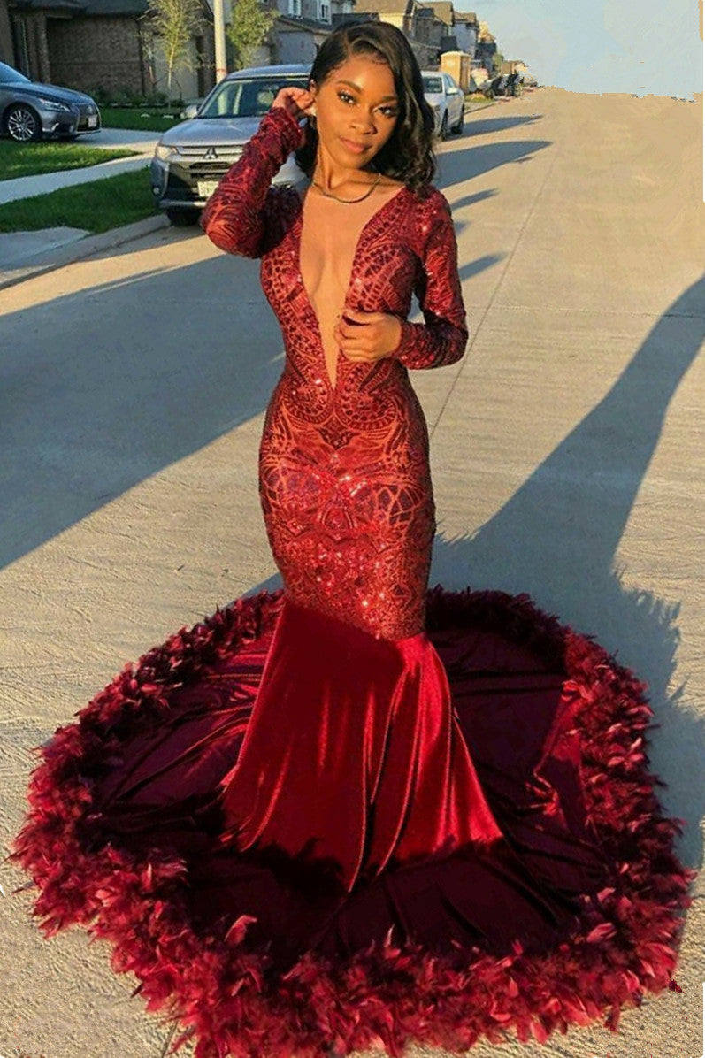 Long Sleeves Burgundy Prom Dress Sequins Mermaid