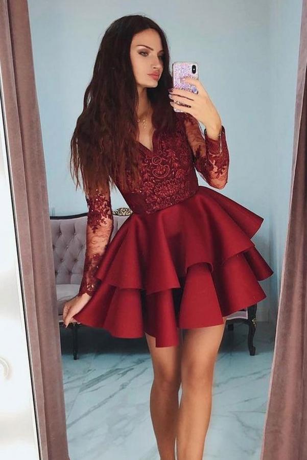 Long Sleeves Burgundy Short Prom Dress With Appliques