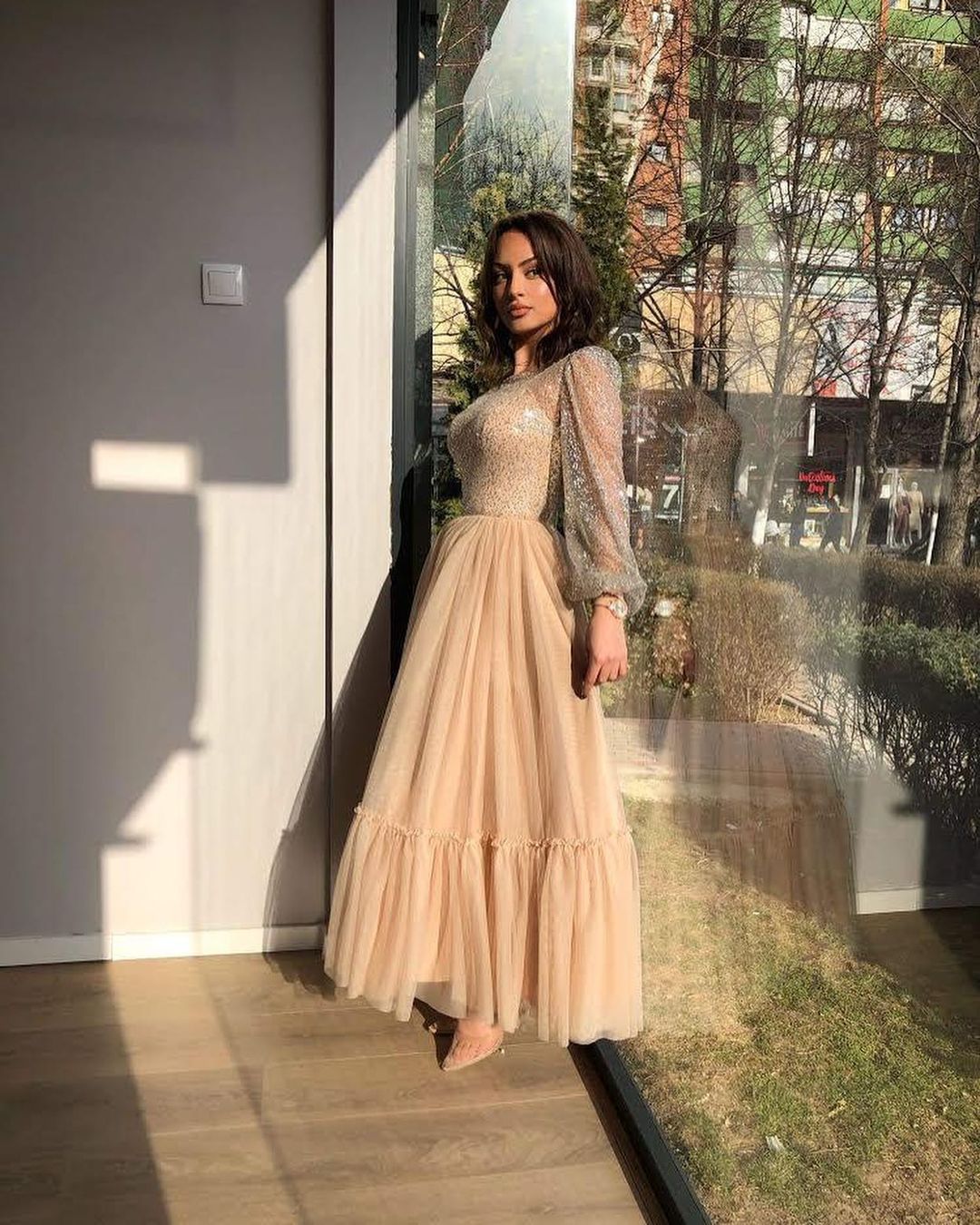 Long Sleeves Champagne Prom Dress Tulle Skirt