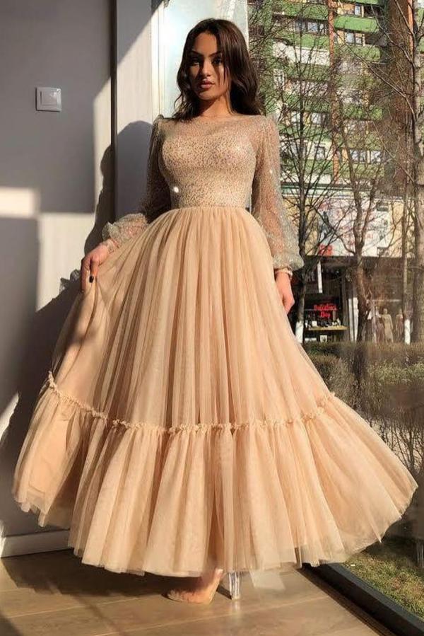 Long Sleeves Champagne Prom Dress Tulle Skirt