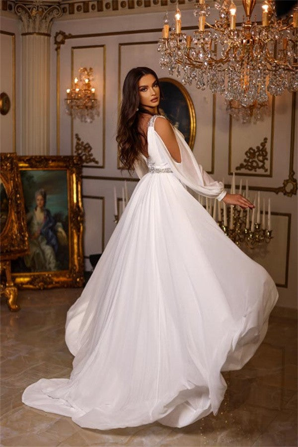 Long Sleeves Chiffon Wedding Dress Long With Split