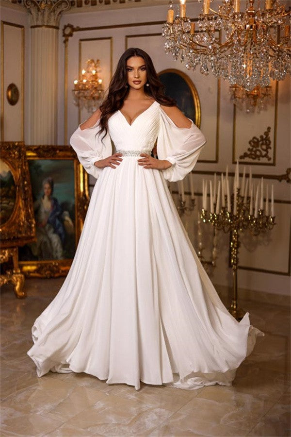 Long Sleeves Chiffon Wedding Dress Long With Split