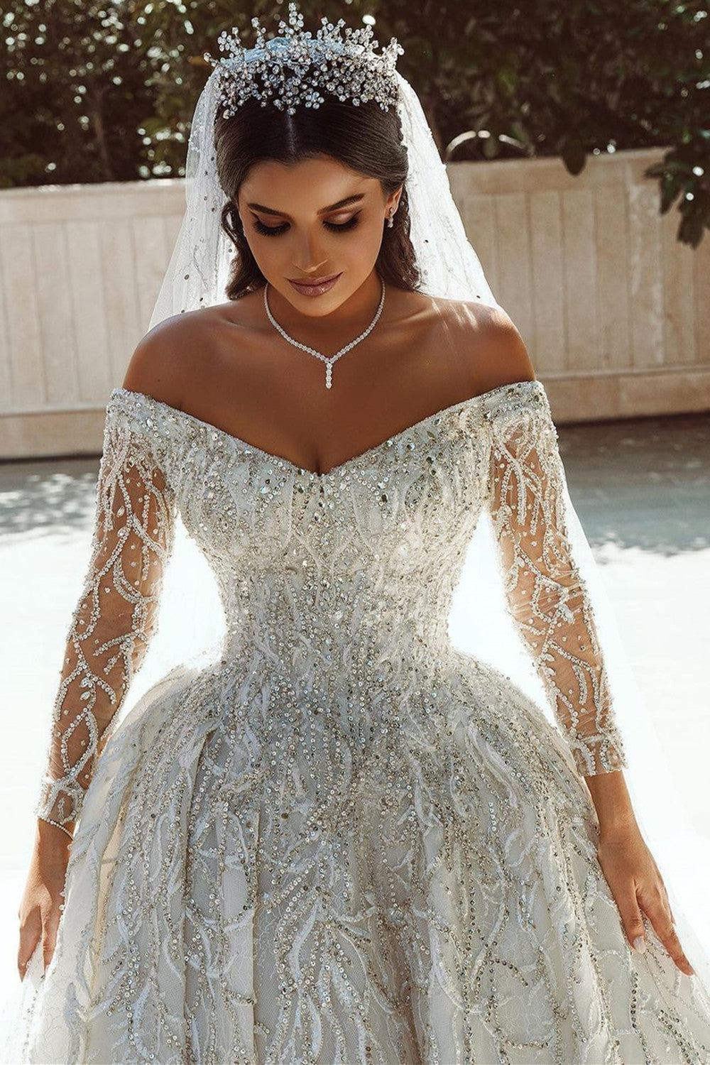 Long Sleeves Crystal Wedding Dress Ball Gown Off-the-Shoulder