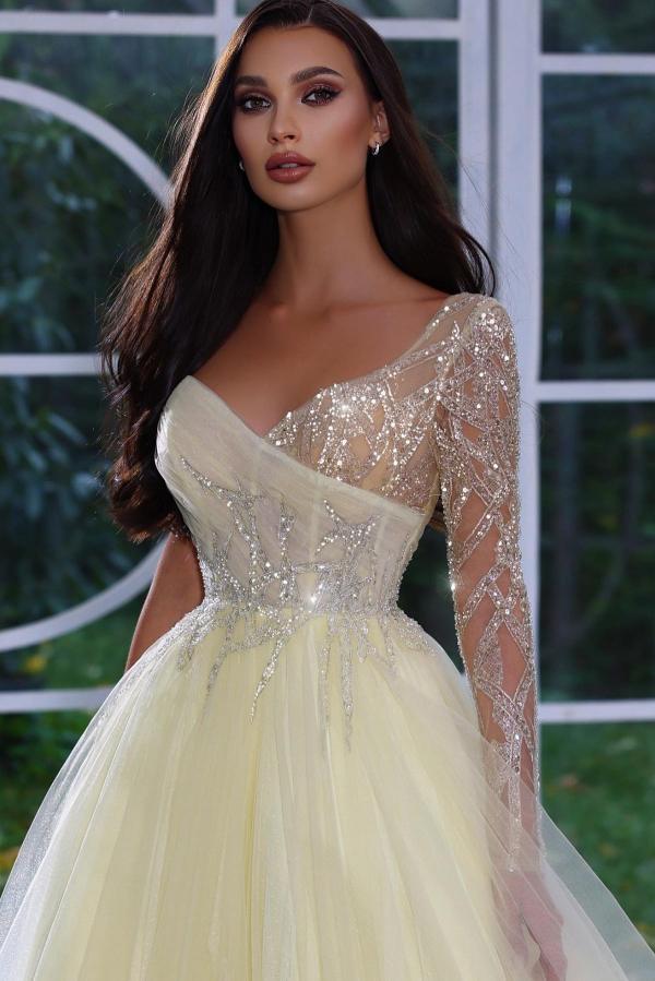 Long Sleeves Daffodil Prom Dress Tulle With Sequins Beads