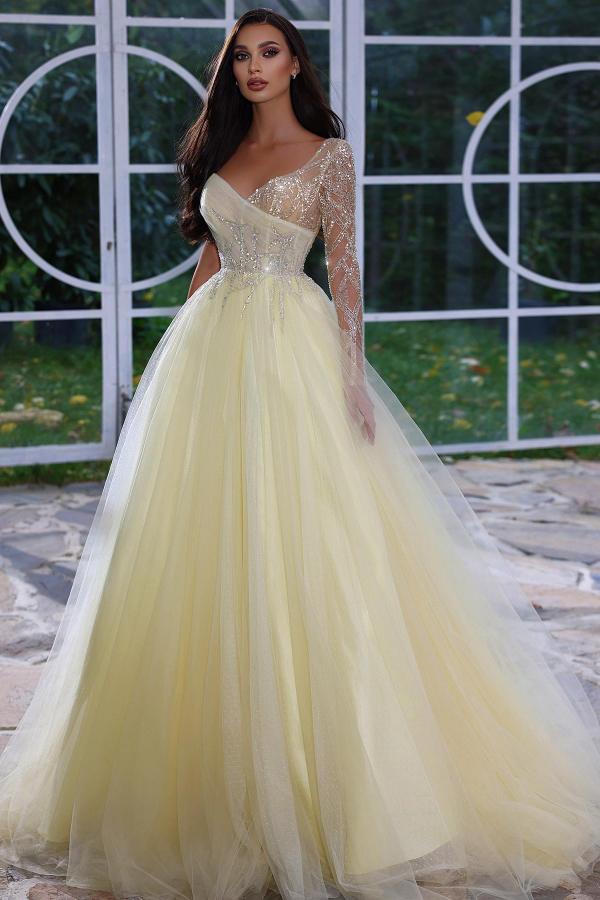 Long Sleeves Daffodil Prom Dress Tulle With Sequins Beads