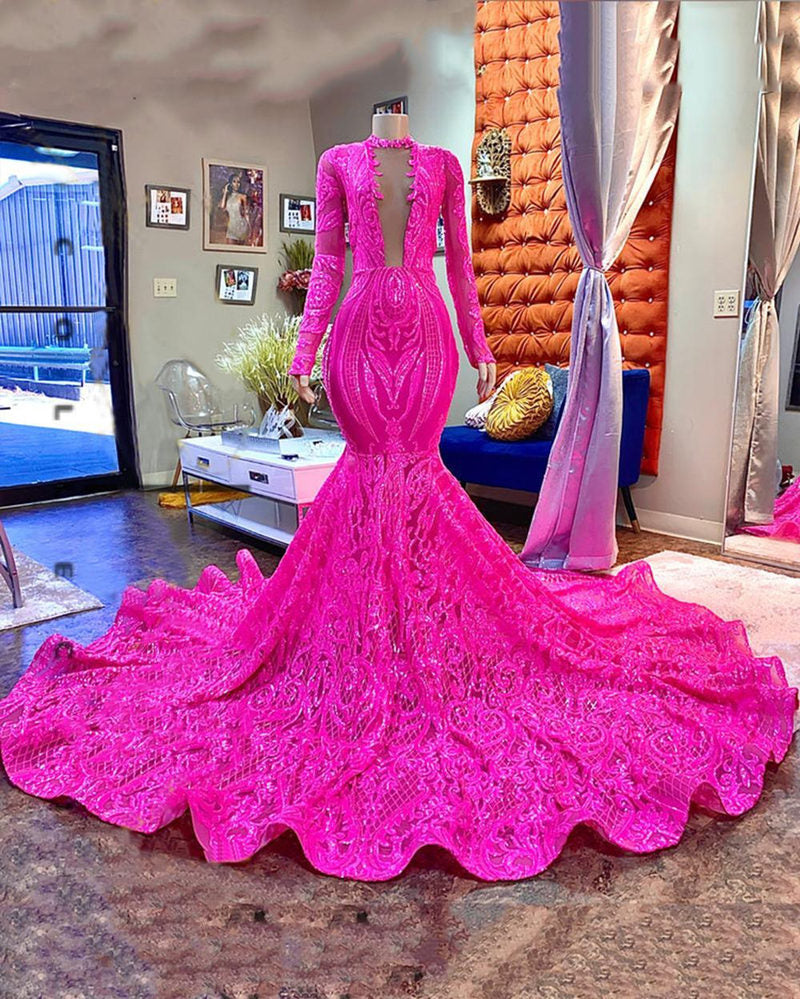 Long Sleeves Fuchsia Prom Dress Mermaid Sequins