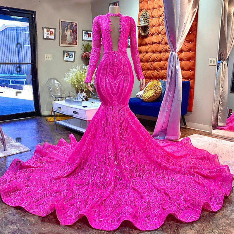 Long Sleeves Fuchsia Prom Dress Mermaid Sequins