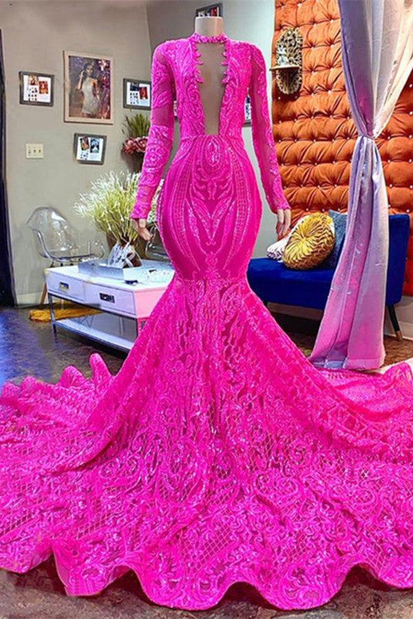 Long Sleeves Fuchsia Prom Dress Mermaid Sequins