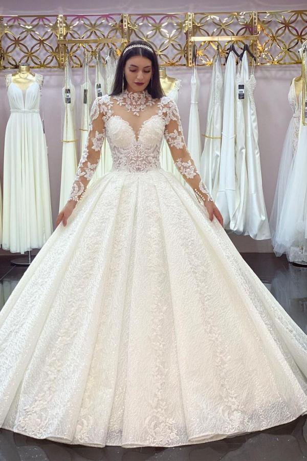 Long Sleeves High Neck Wedding Dress Ball Gown Tulle