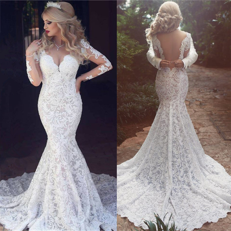 Long Sleeves Lace Wedding Dress Mermaid Bridla Gowns