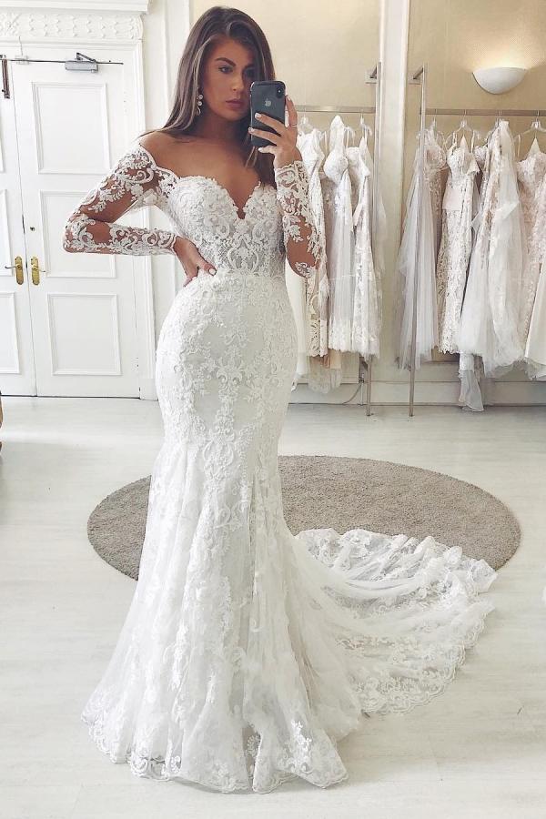 Long Sleeves Lace Wedding Dress Mermaid V-Neck Bridal Gowns