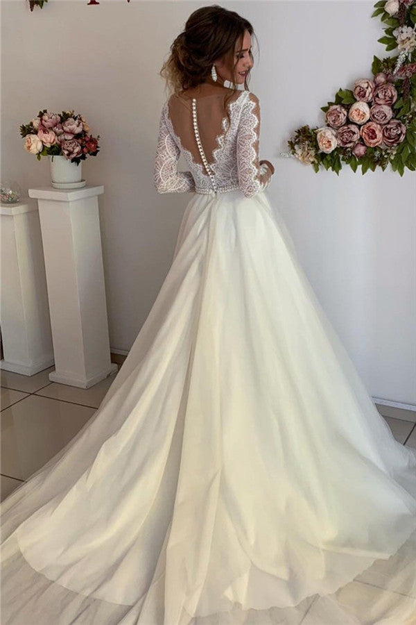 Long Sleeves Lace Wedding Dress With Pearls