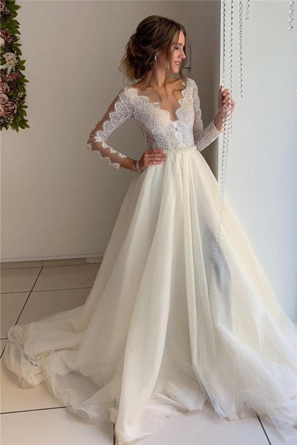 Long Sleeves Lace Wedding Dress With Pearls