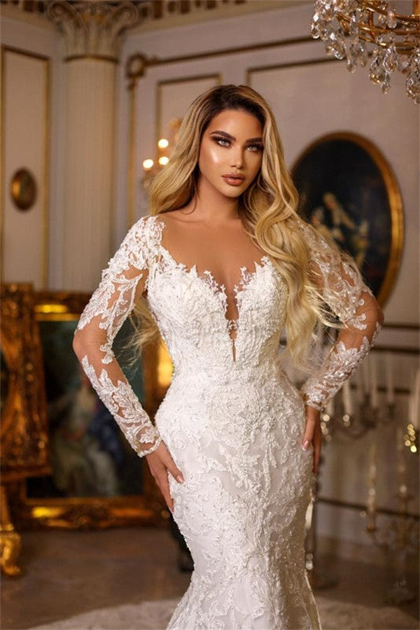 Long Sleeves Lace Wedding Gown Mermaid V-Neck