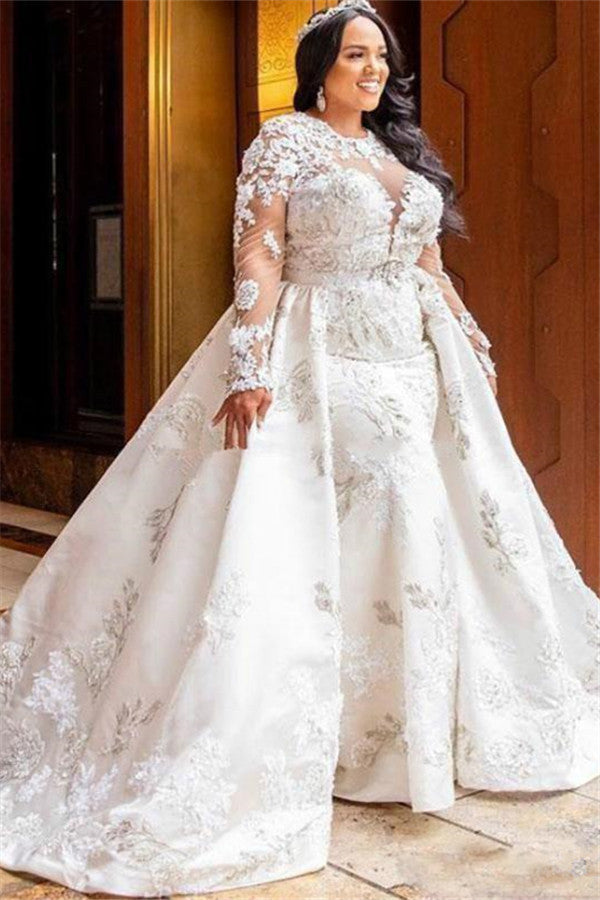 Long Sleeves Lace White Mermaid Bridal Gowns with Trendy Overskirt