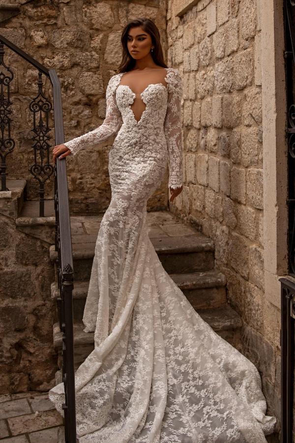 Long Sleeves Mermaid Bridal Dress Lace Sweetheart With Appliques