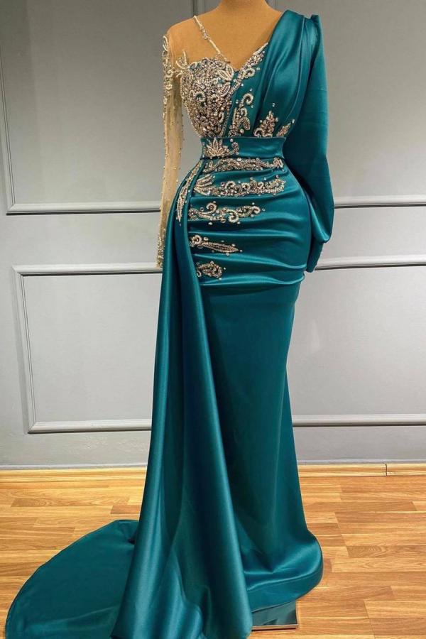 Long Sleeves Mermaid Evening Dress Ruffles With Appliques Beadings