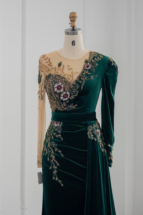 Long Sleeves Mermaid Evening Dresses Dark Green With Crystals