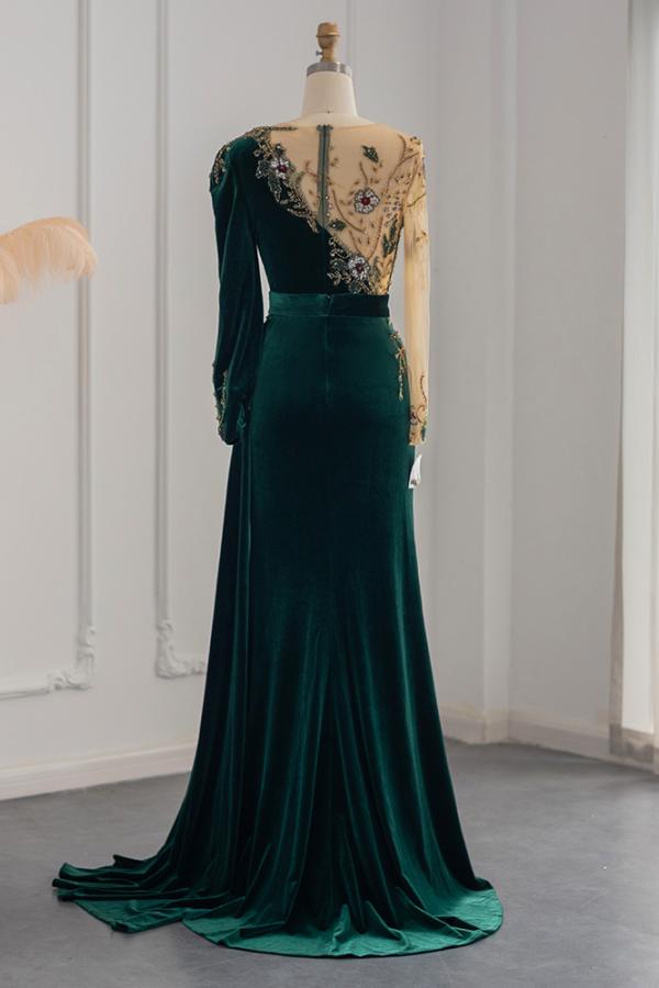 Long Sleeves Mermaid Evening Dresses Dark Green With Crystals