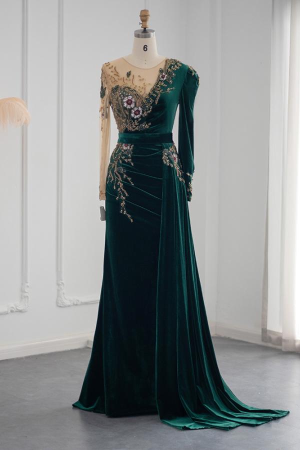 Long Sleeves Mermaid Evening Dresses Dark Green With Crystals