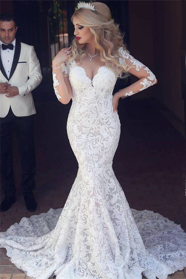 Long Sleeves Mermaid Lace Wedding Dress Modern Open Back V neck Classic Bridal Gown