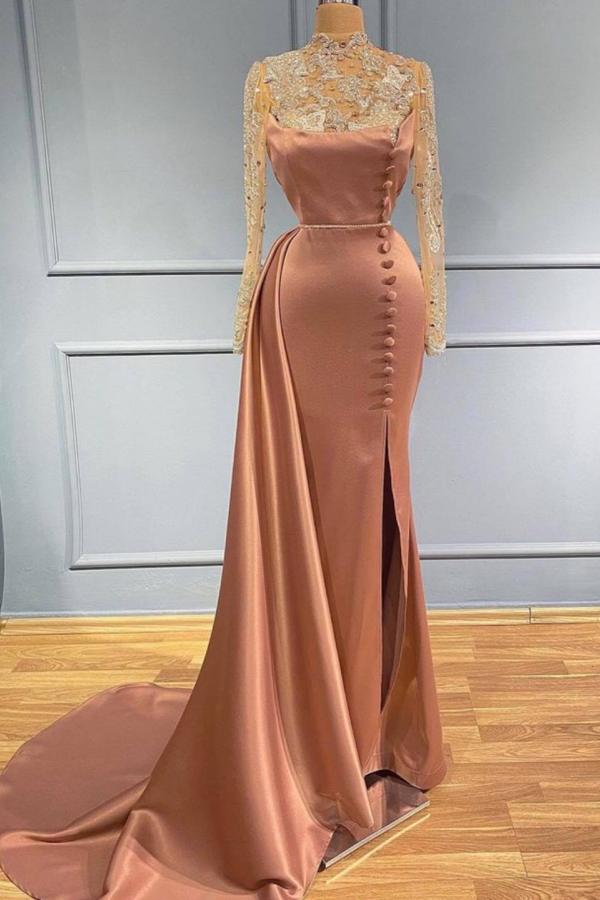 Long Sleeves Mermaid Prom Dress Appliques With Slit