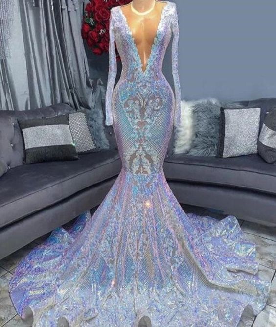 Long Sleeves Mermaid Prom Dress V-Neck Sequins