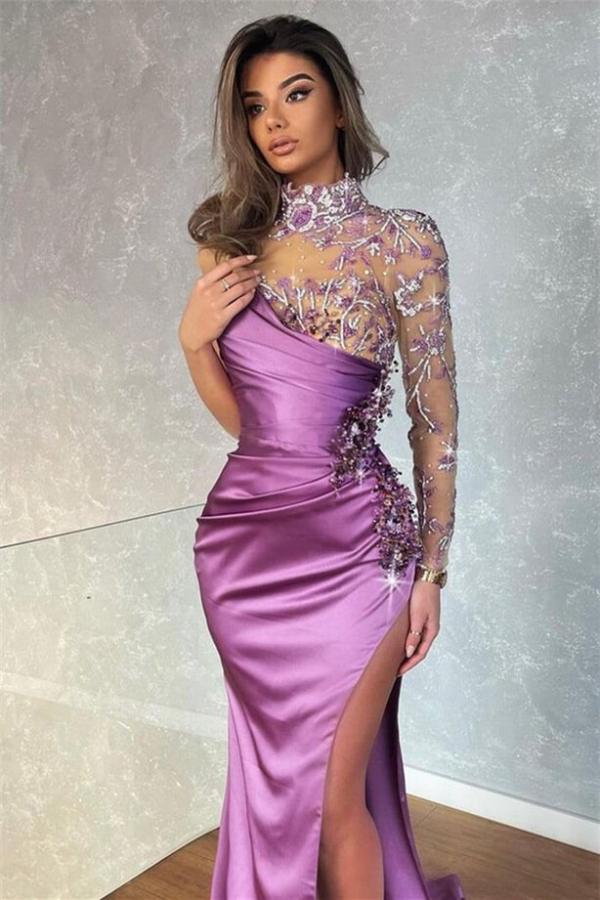 Long Sleeves Mermaid Split Prom Dress With Beadings