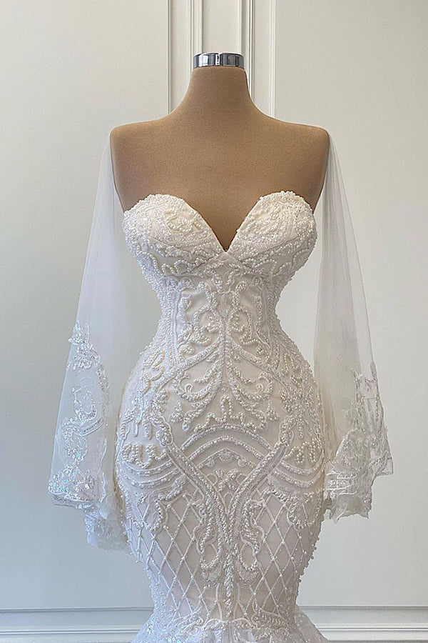 Long Sleeves Mermaid Wedding Dress Lace Appliques