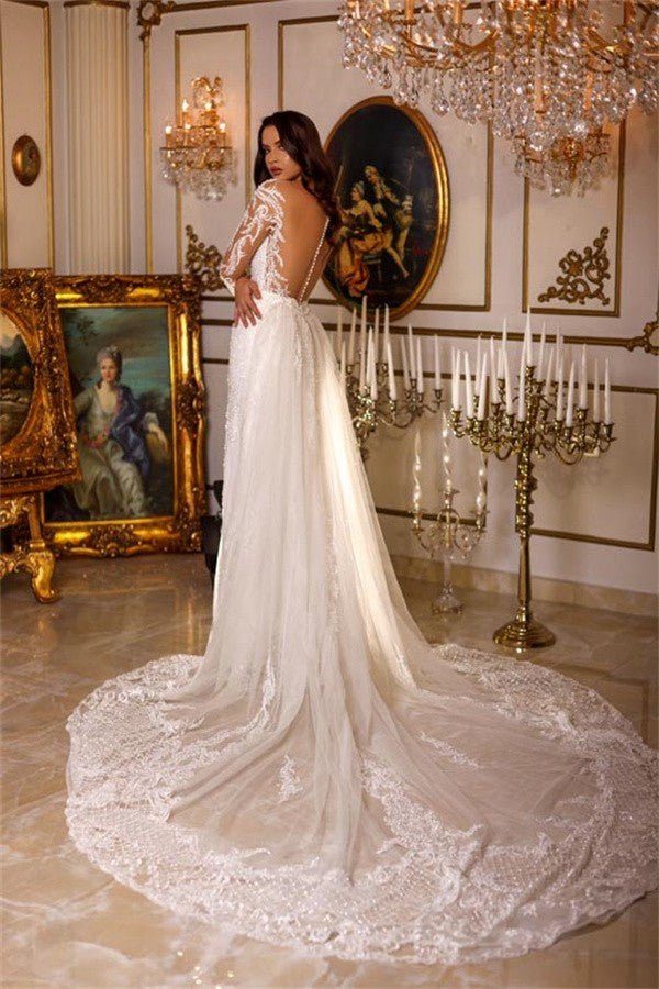 Long Sleeves Mermaid Wedding Dress Lace With Ruffles