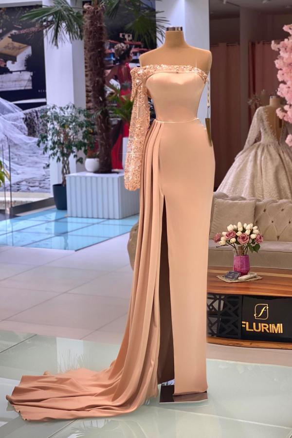 Long Sleeves Off-the-Shoulder Evening Dresses Mermaid Slit Long