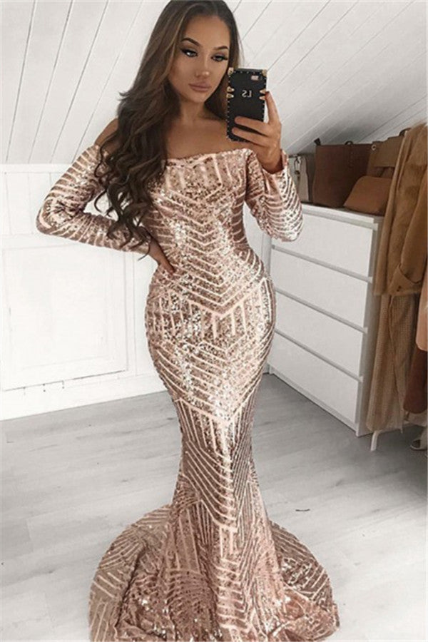 Long Sleeves Off-the-Shoulder Sequins Prom Dress Mermaid Evening Party Gown