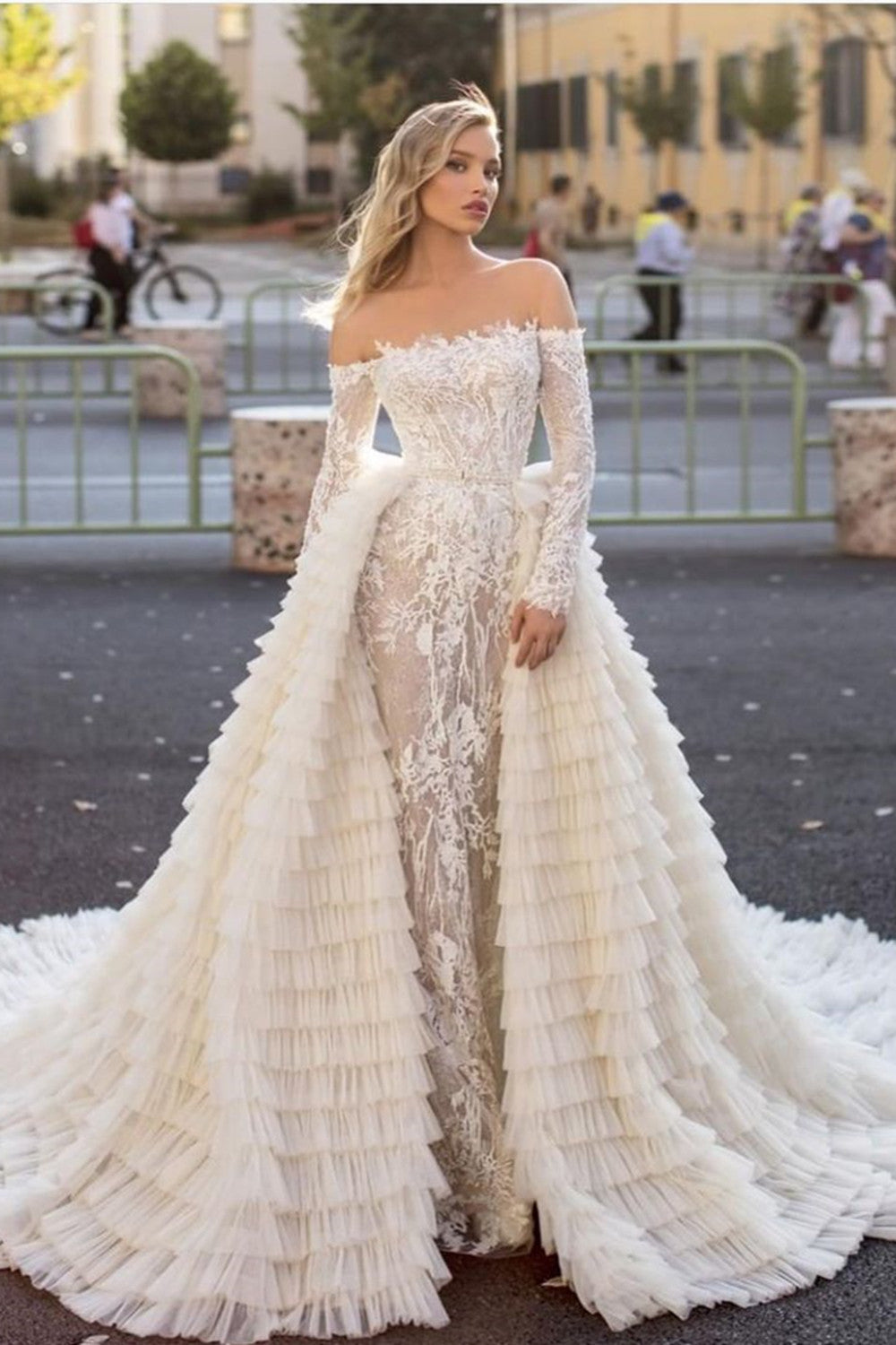 Long Sleeves Off-the-Shoulder Wedding Dress Mermaid With Overskirt