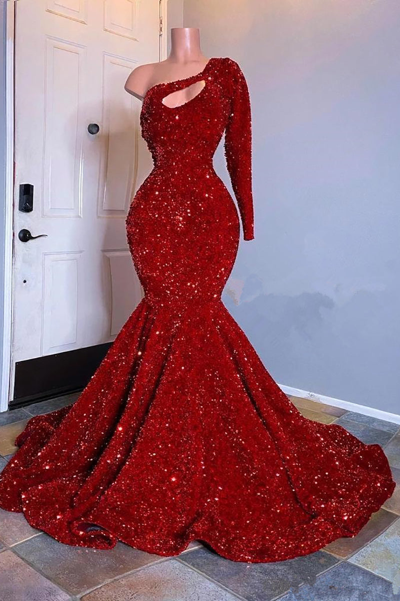 Long Sleeves One Shoulder Sequins Prom Dress Mermaid On Sale