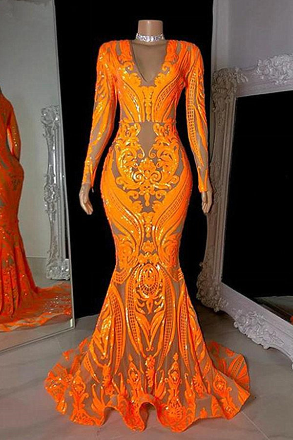 Long Sleeves Orange Mermaid Prom Dress Long Lace Sequins